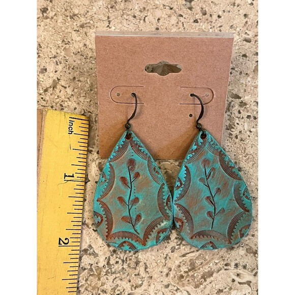 100% Leather Handmade Turquoise Floral Vine Dangle‎ Tear Drop Earrings - Picture 4 of 4